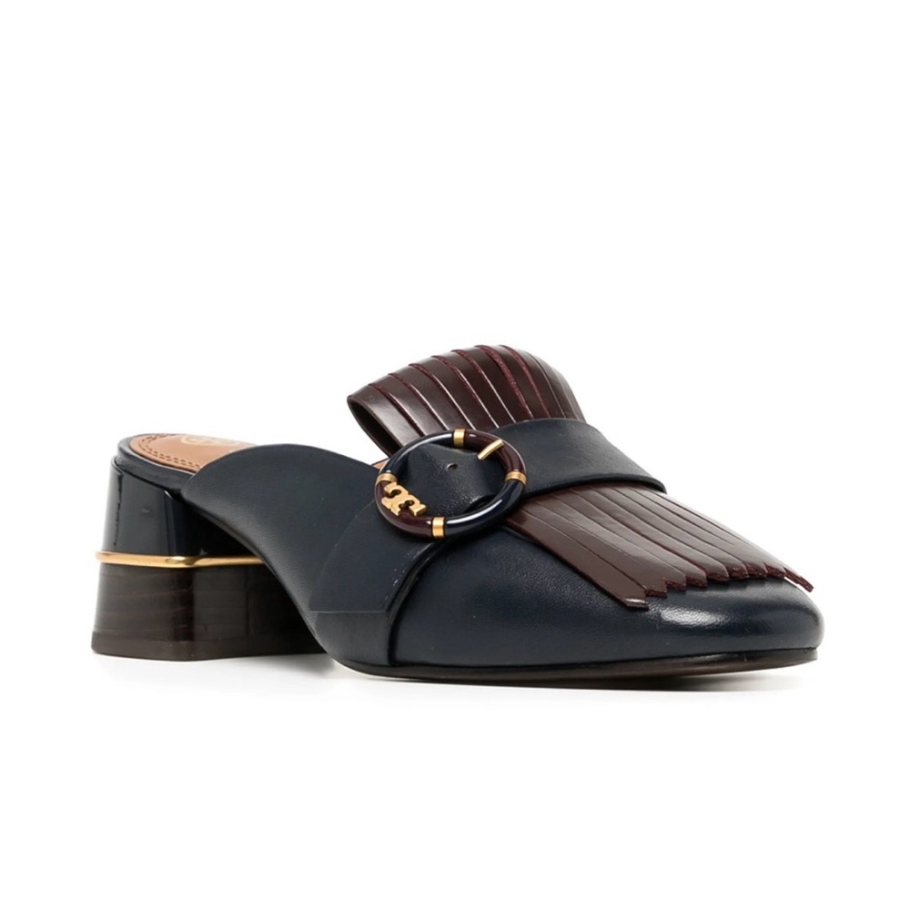 Tory Burch Multi Logo Kiltie Leather Fringe Mules 8.5